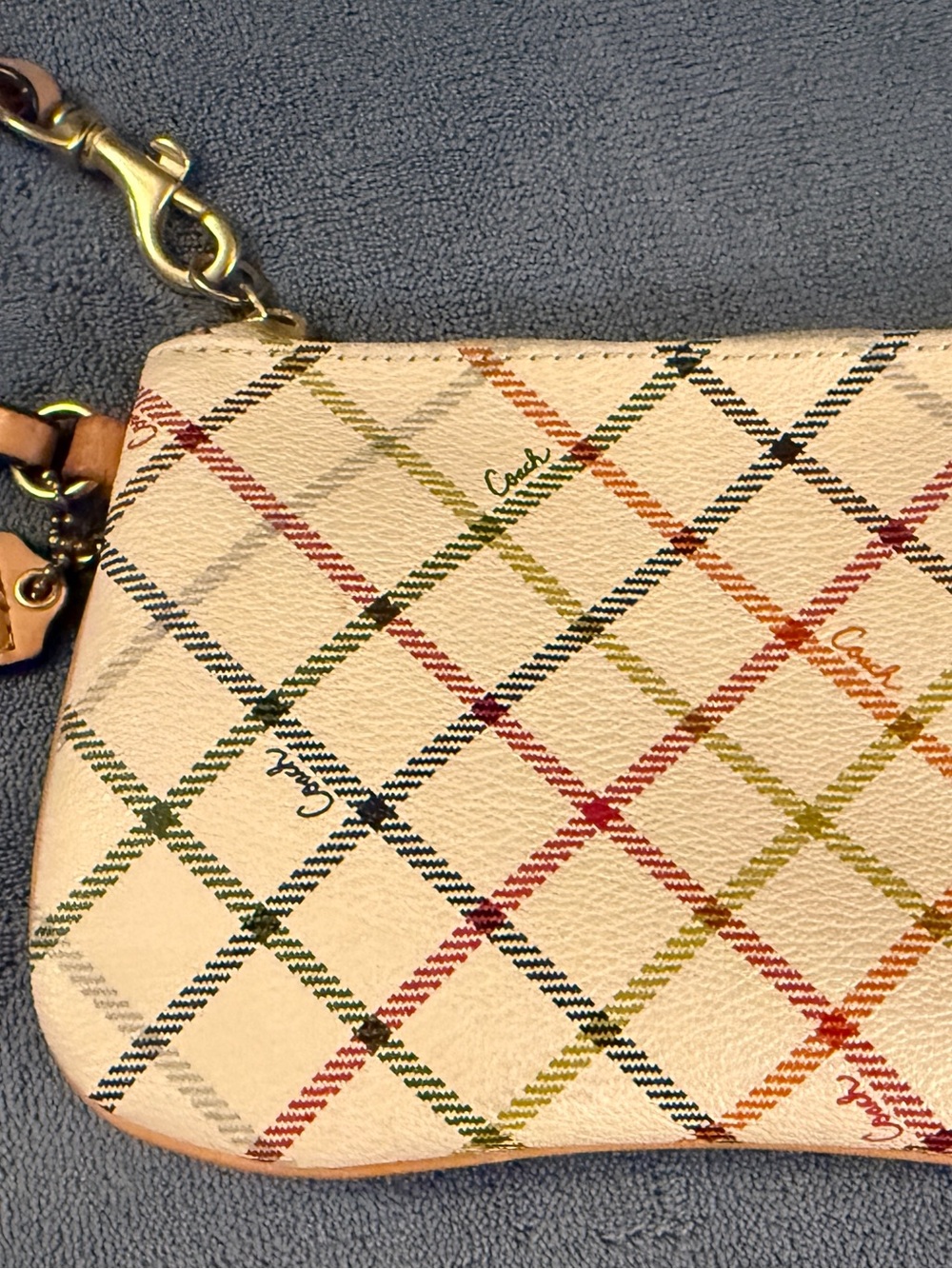 Coach Multicolor Plaid Wristlet on Cream Leather